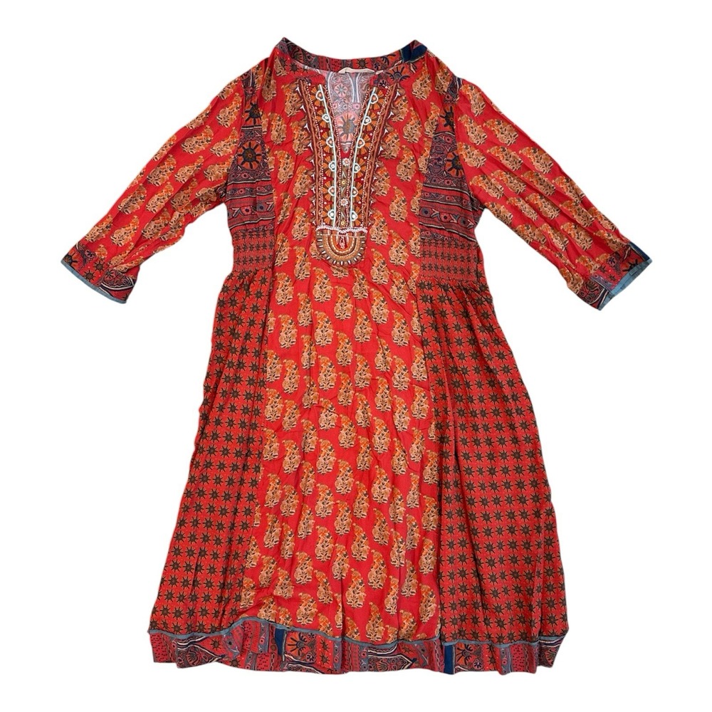 Soft Surroundings Phoenix Maxi Dress Size XL Red Beaded Embroidered Paisley Boho